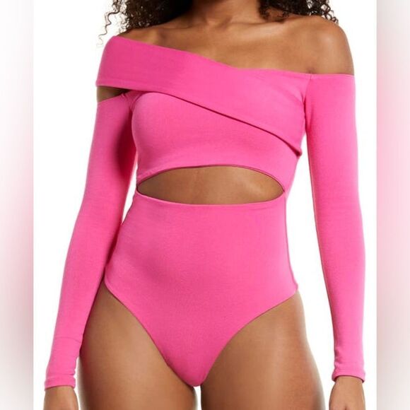 Naked Wardrobe Raspberry Pink Off the Shoulder Cut Out Bodysuit Size L - Picture 1 of 7